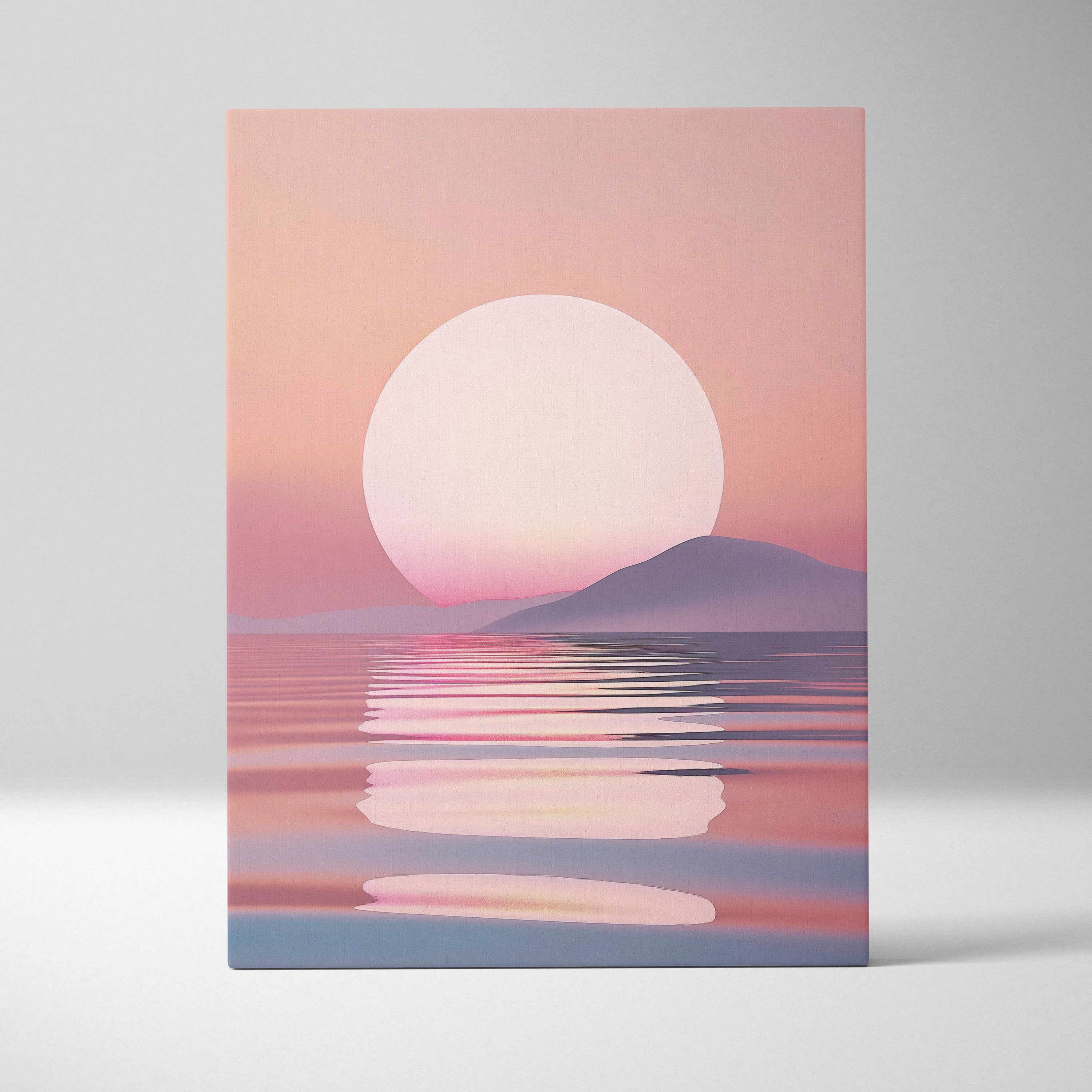 Minimalist canvas wall art featuring a large white sun setting over calm pink and purple sea decor.