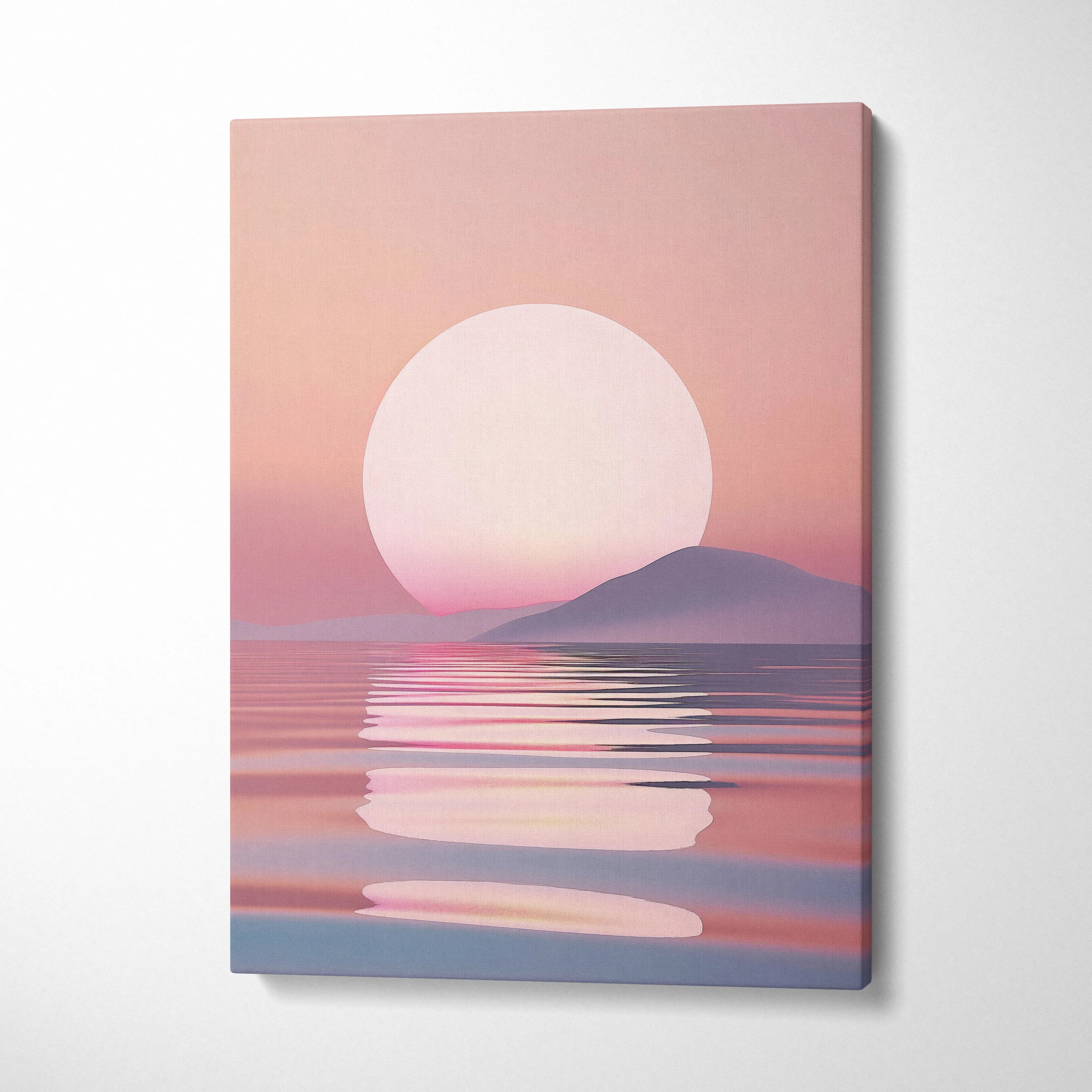 Minimalist digital art canvas showing a large pale sun setting over calm sea waves, soft pink and purple tones wall art decor.