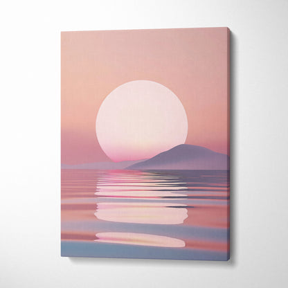 Minimalist digital art canvas showing a large pale sun setting over calm sea waves, soft pink and purple tones wall art decor.