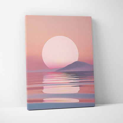 Minimalist canvas wall art with pink and purple sunset over calm sea and silhouetted island decor.