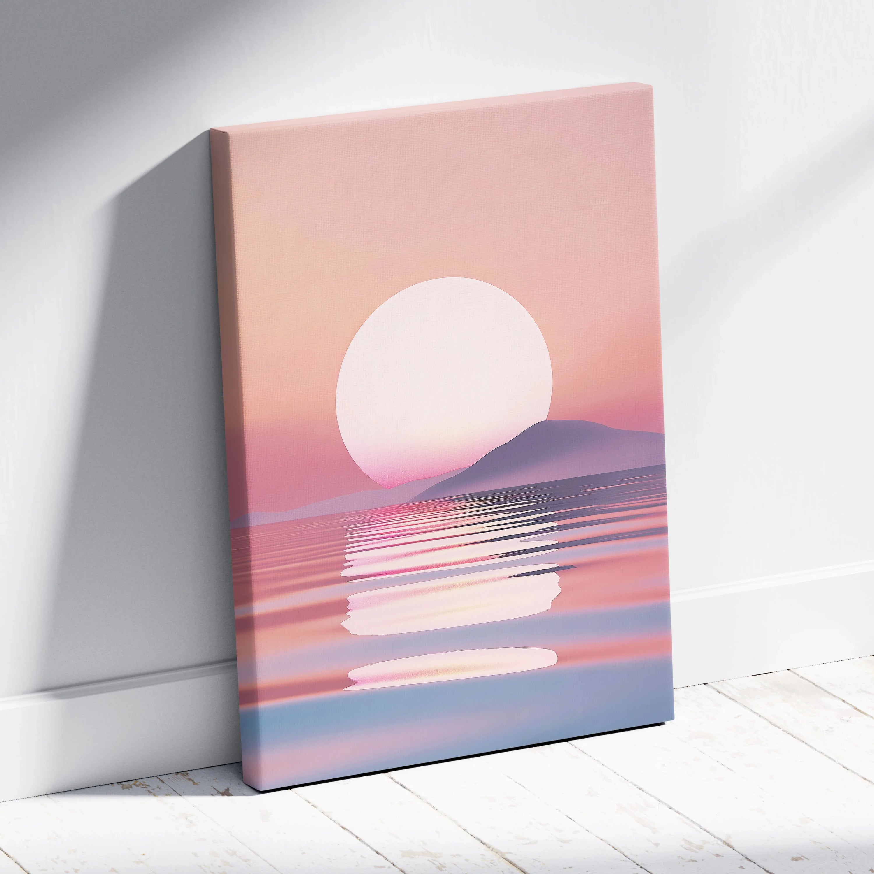 Minimalist canvas wall art featuring a large white sun setting over calm sea waves in soft pink and purple tones for modern.