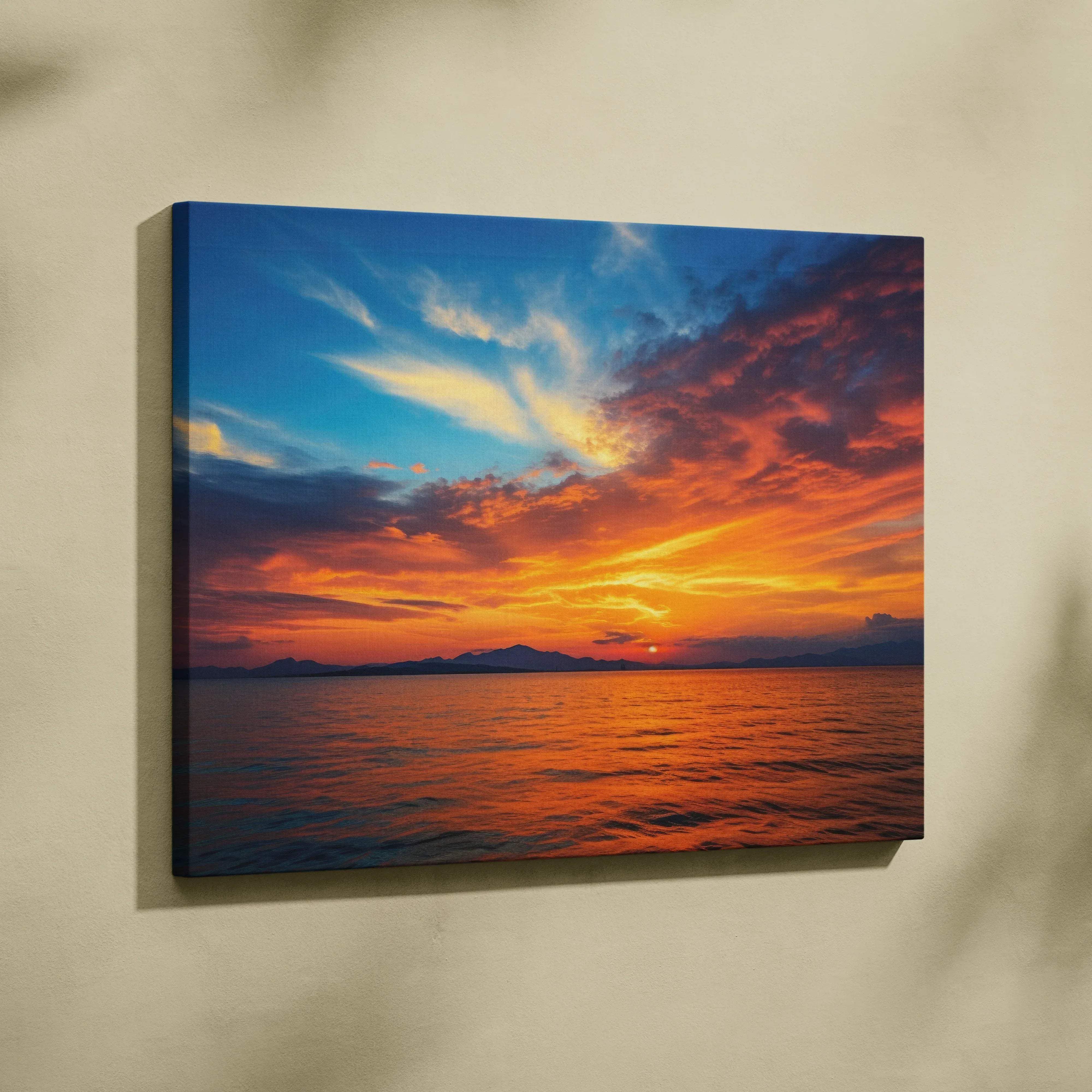 Canvas wall art of coastal sunset seascape over orange blue ocean sky