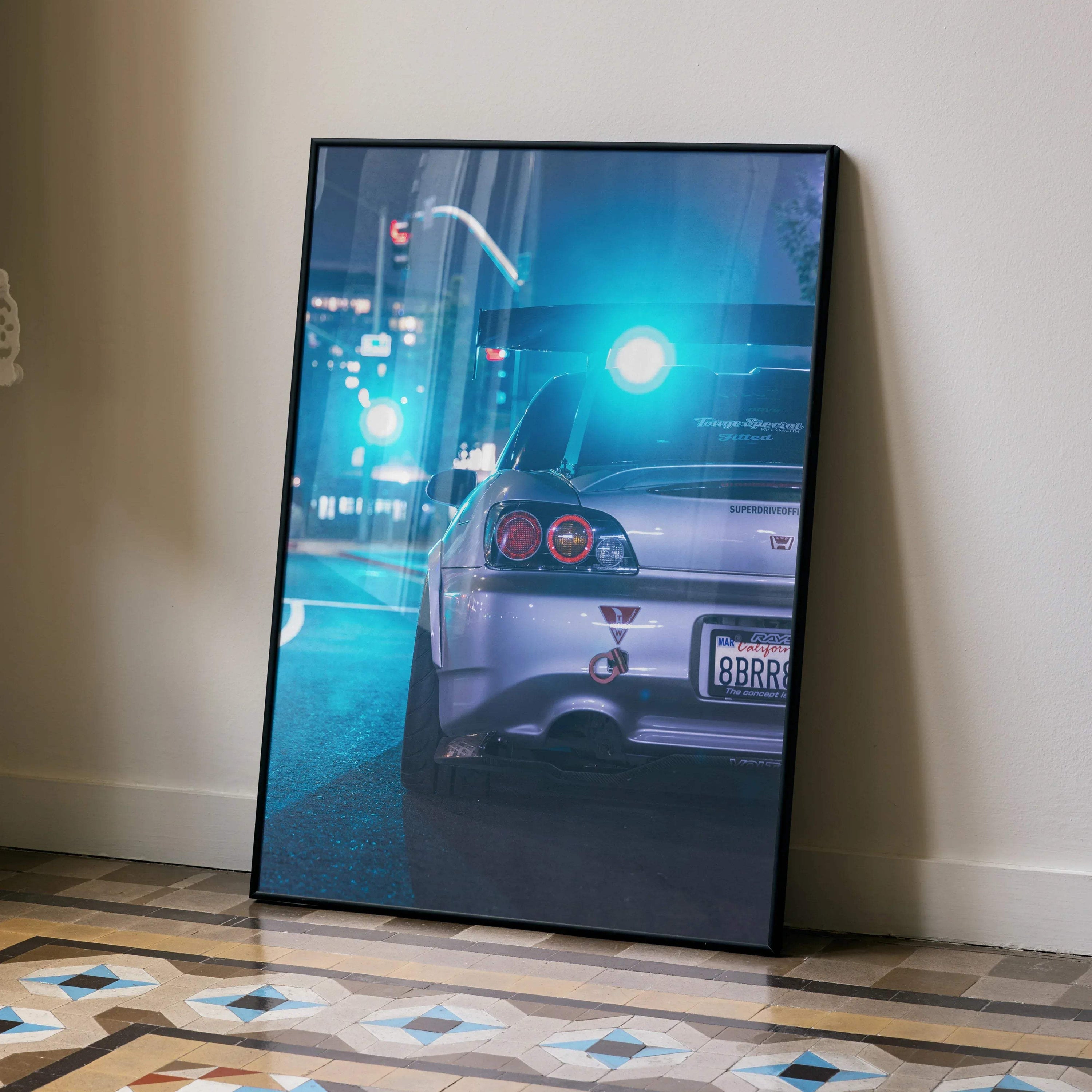 Honda S2000 rear view poster with city night lights, sleek silver sports car wall art.