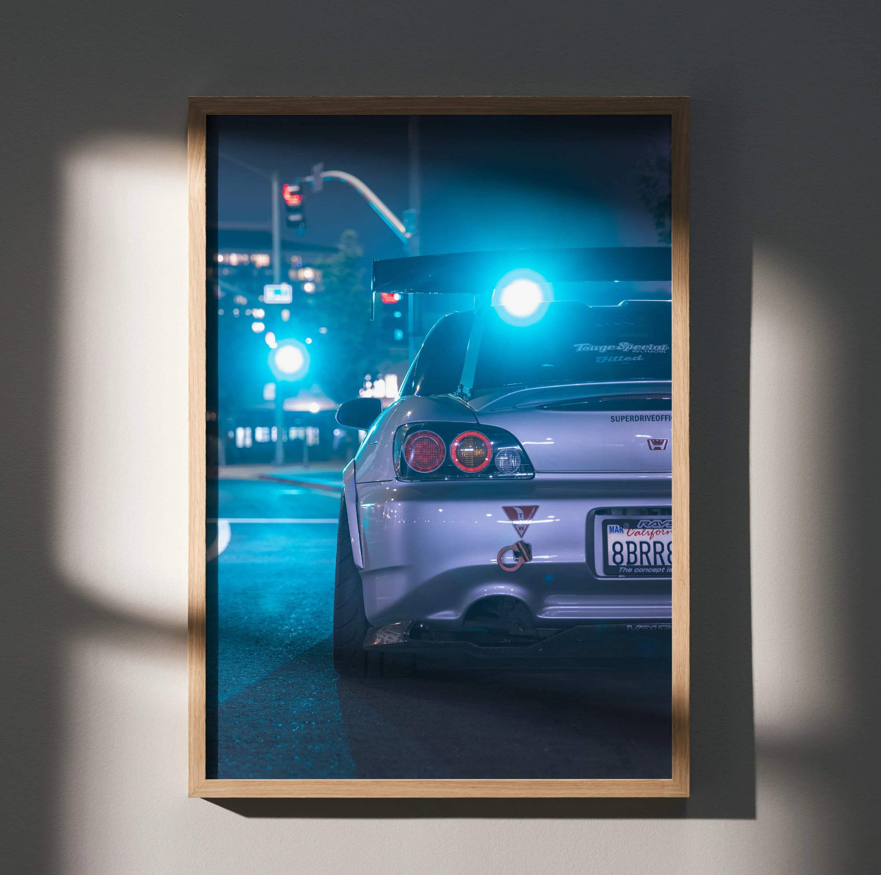 Honda S2000 rear view poster with vibrant city night lights, iconic automotive wall art.
