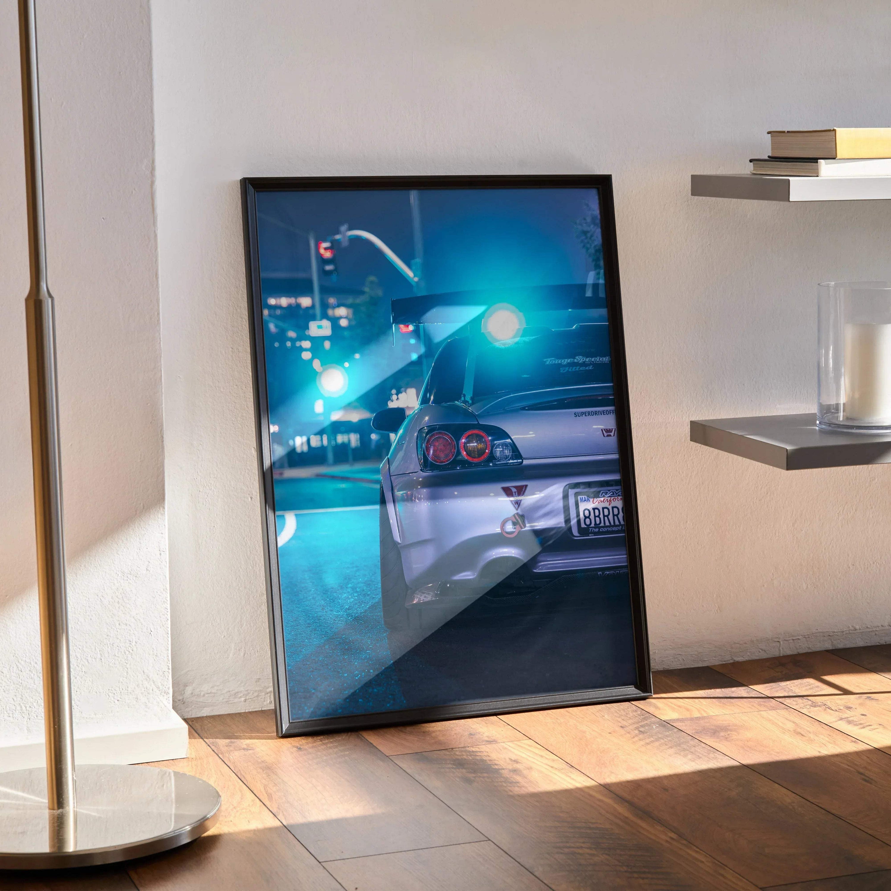 Honda S2000 rear view poster wall art with blue tones and city night lights in black frame.