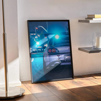 Honda S2000 rear view poster wall art with blue tones and city night lights in black frame.