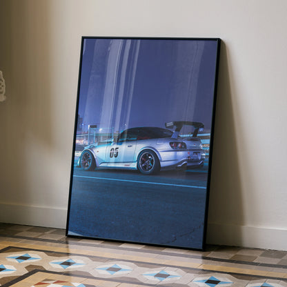 Honda S2000 sports car poster with detailed rear view in blue tones, modern wall art.