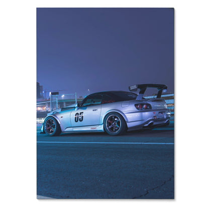 Honda S2000 sports car poster in silver with racing number 05 and rear spoiler at night wall art.