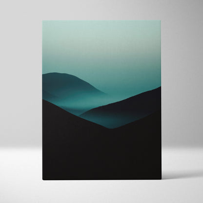 Minimalist canvas wall art featuring dark mountain silhouettes layered with soft blue-green fog.