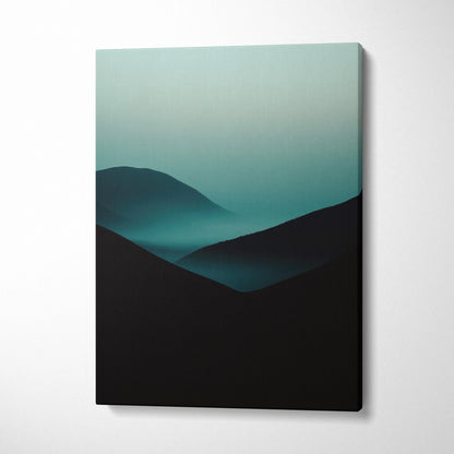 Minimalist dark mountain fog landscape canvas with teal gradient for wall art decor.