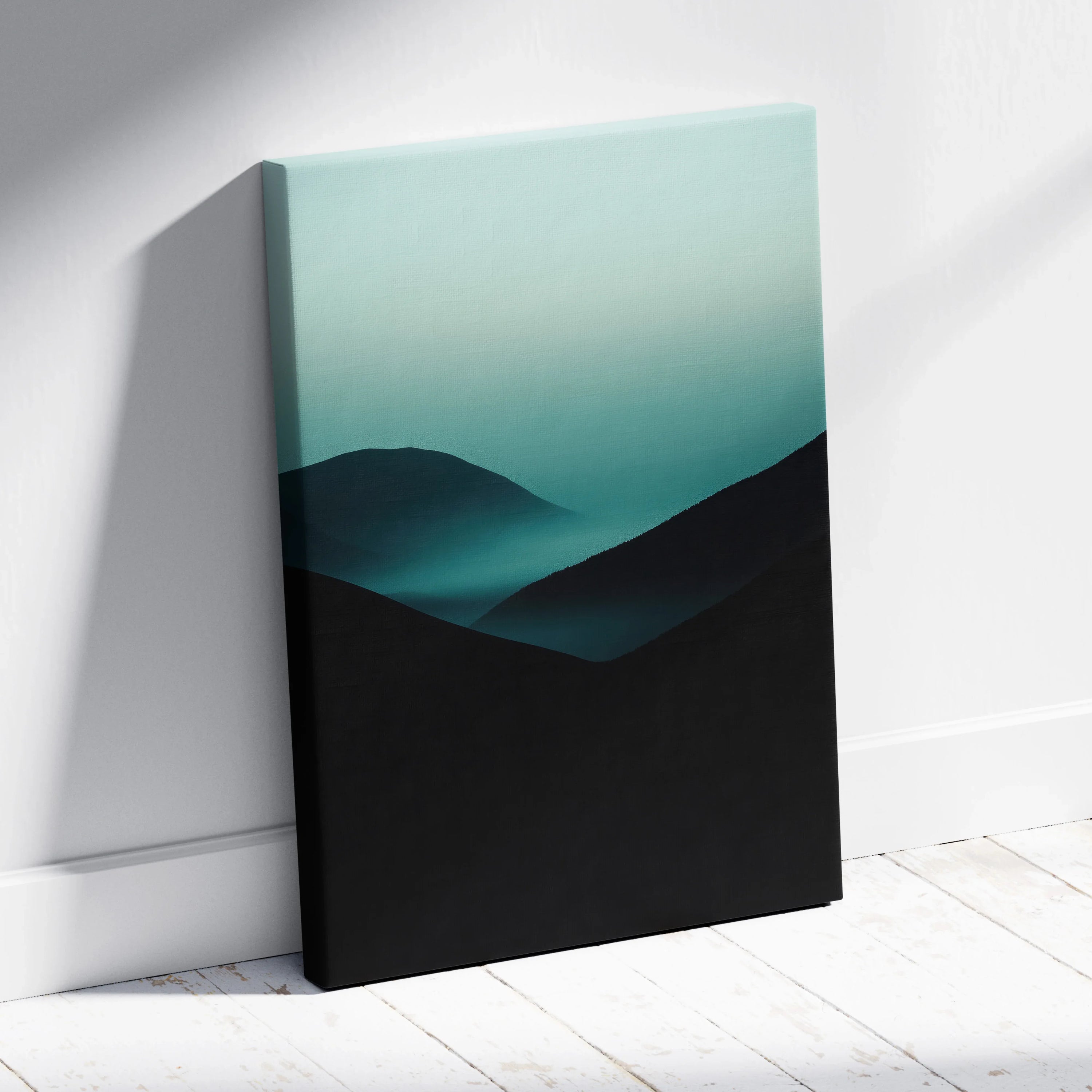 Minimalist canvas art featuring dark mountain silhouettes with soft teal fog gradient background, wall art print.