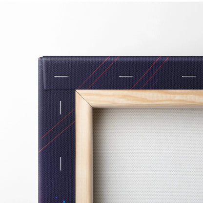 Navy blue retrowave sunset canvas art with red stitching and wood frame