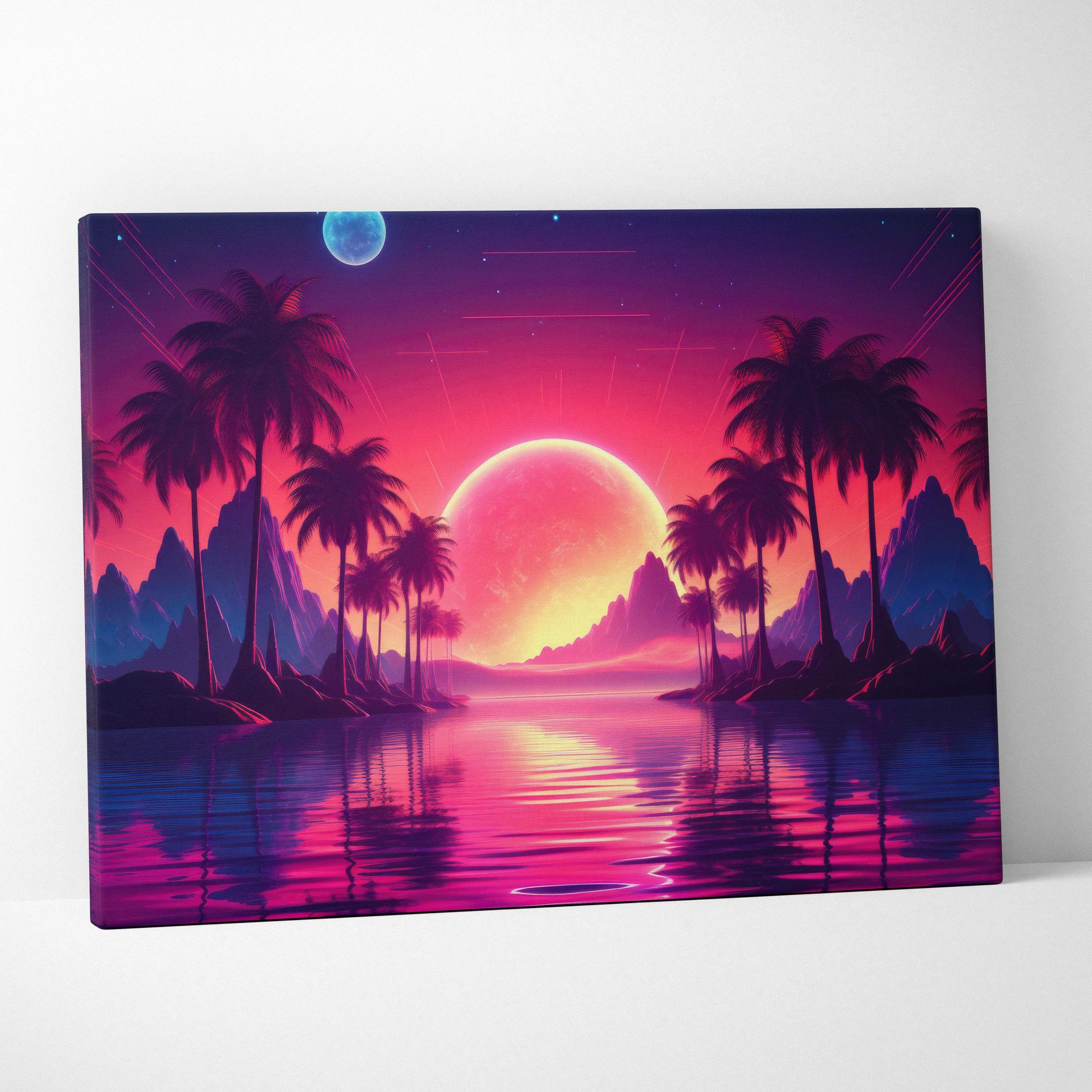 Vibrant retrowave sunset canvas wall art with neon pink purple glow over palm trees