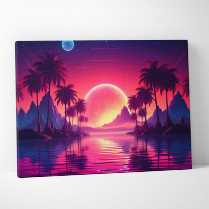 Vibrant retrowave sunset canvas wall art with neon pink purple glow over palm trees