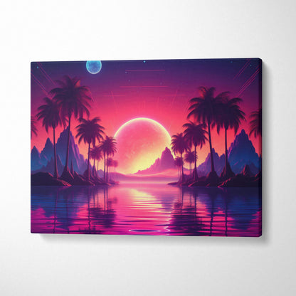 Vibrant retrowave sunset canvas wall art with neon pink purple palm glow