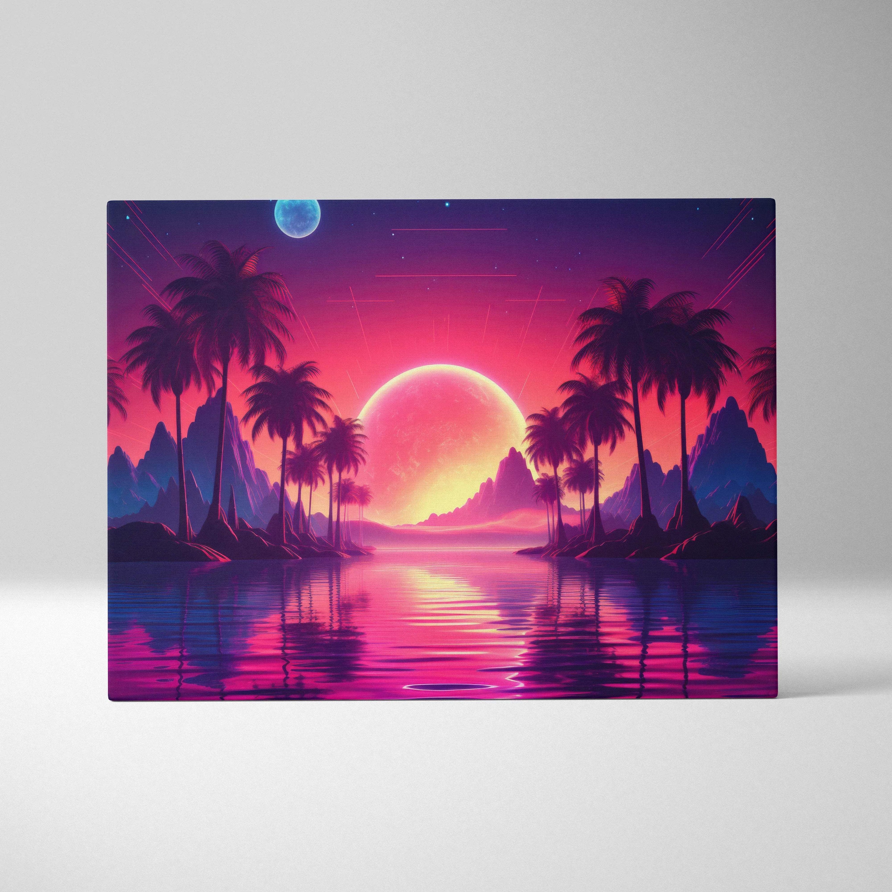 Vibrant retrowave sunset canvas wall art with neon pink purple glow over palm trees