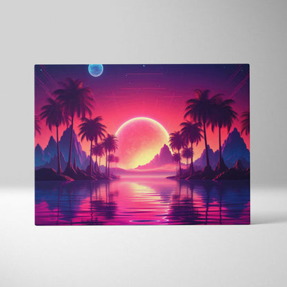 Vibrant retrowave sunset canvas wall art with neon pink purple glow over palm trees