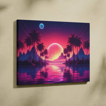 Vibrant retrowave canvas wall art with neon pink purple sunset over glowing palms