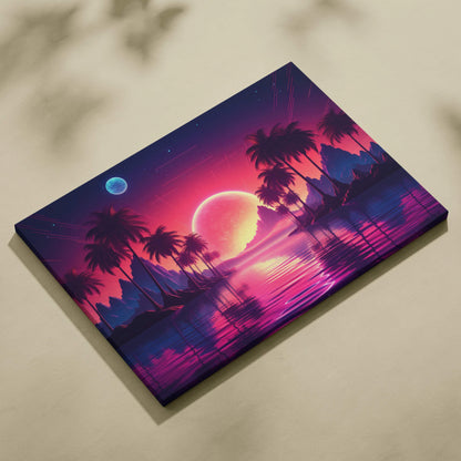 Vibrant retrowave sunset canvas wall art with neon pink purple palm trees and moon