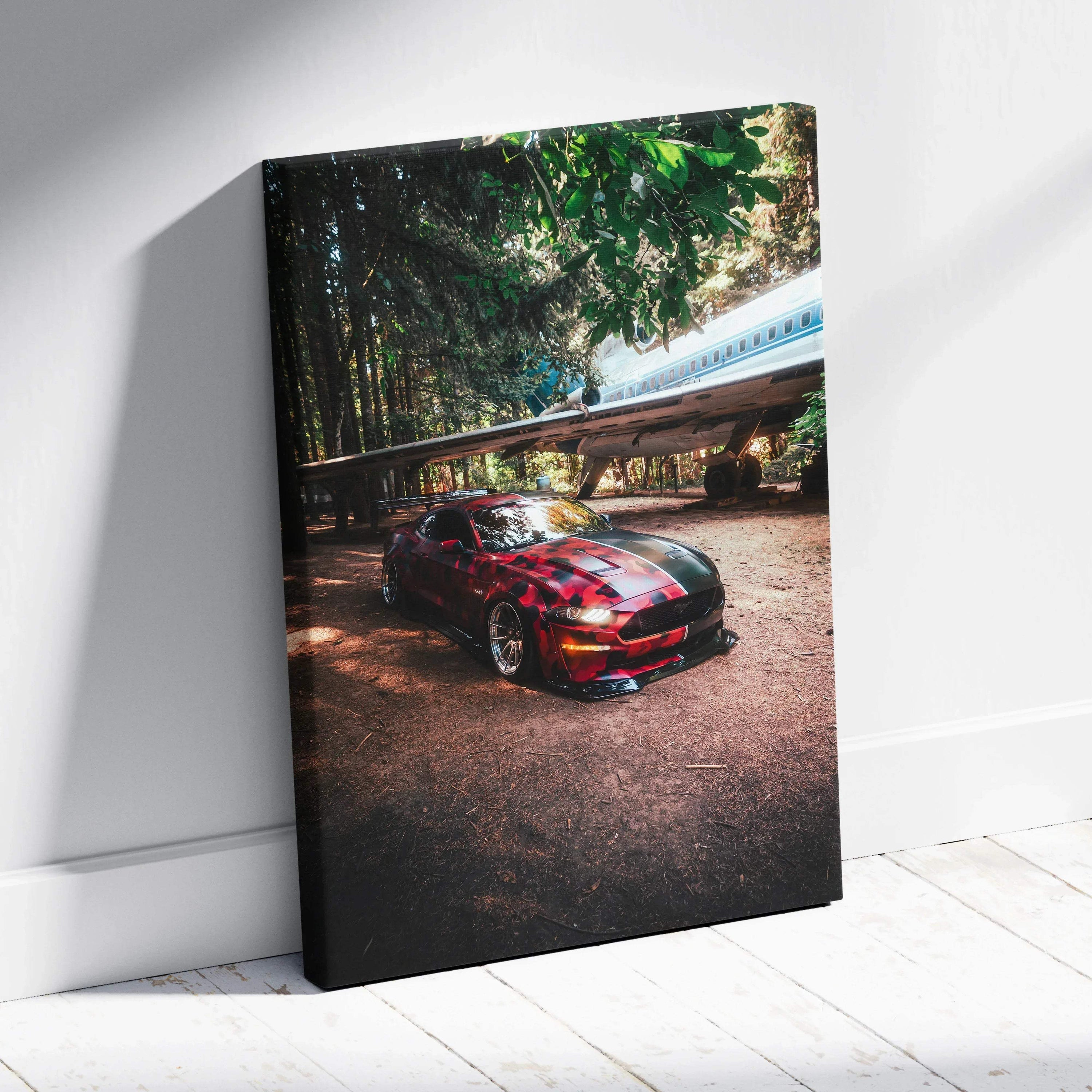 Vertical canvas art featuring a red Ford Mustang S550 parked under trees, high-resolution wall art.