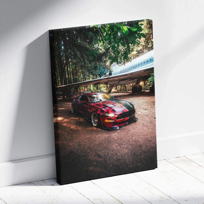 Vertical canvas art featuring a red Ford Mustang S550 parked under trees, high-resolution wall art.