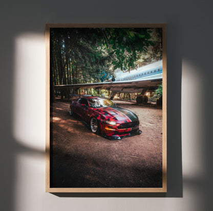 Ford Mustang S550 parked in forest setting poster with vibrant colors and sharp details wall art.