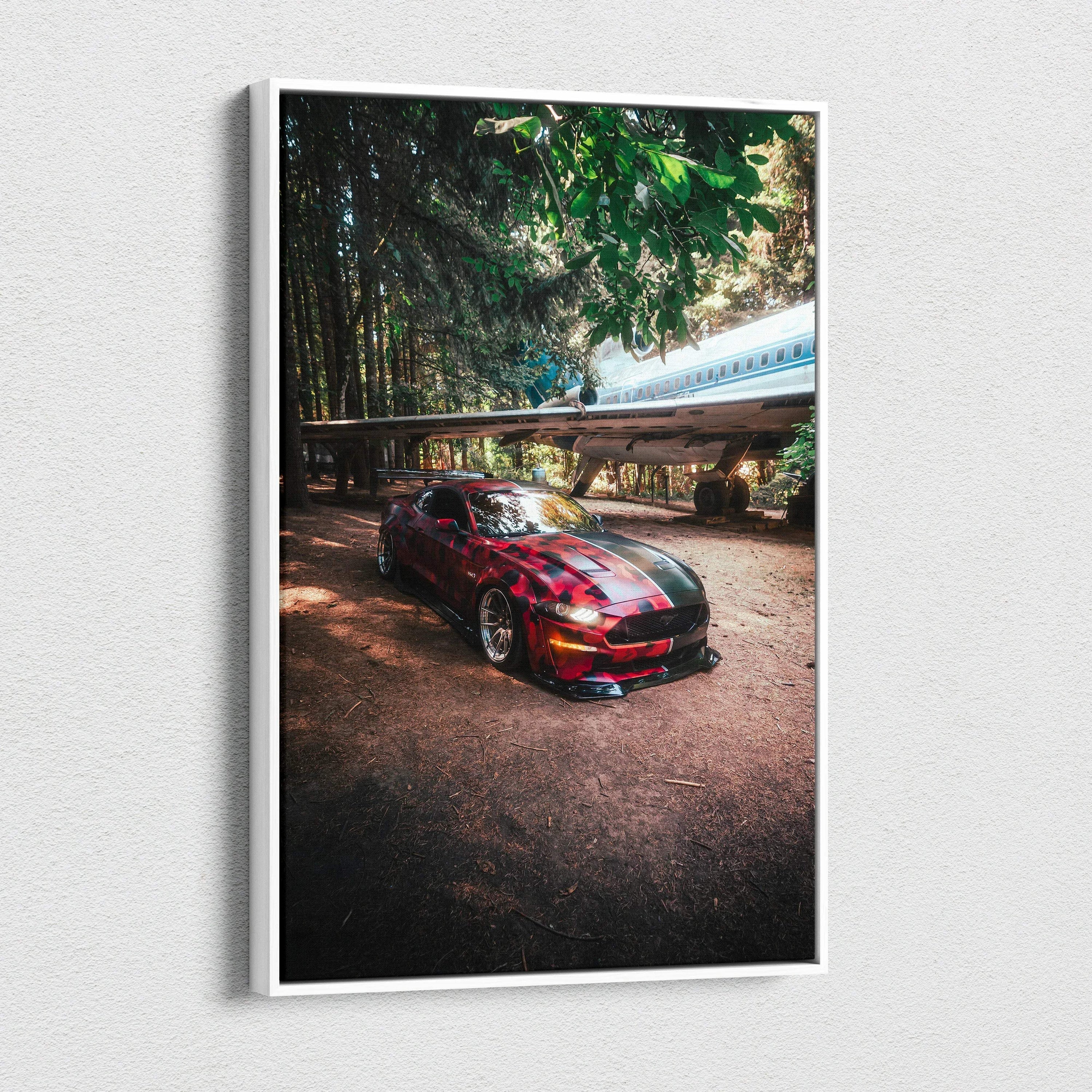 Ford Mustang S550 red car with black racing stripes on vertical canvas wall art.