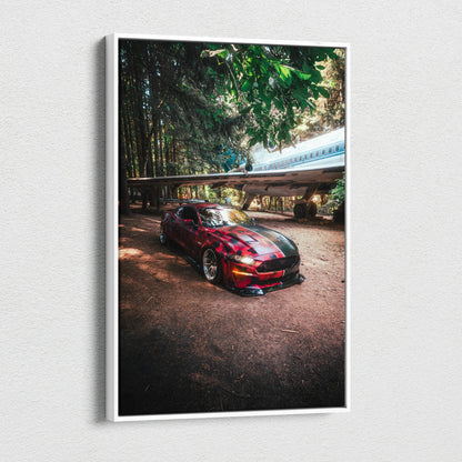 Ford Mustang S550 red car with black racing stripes on vertical canvas wall art.