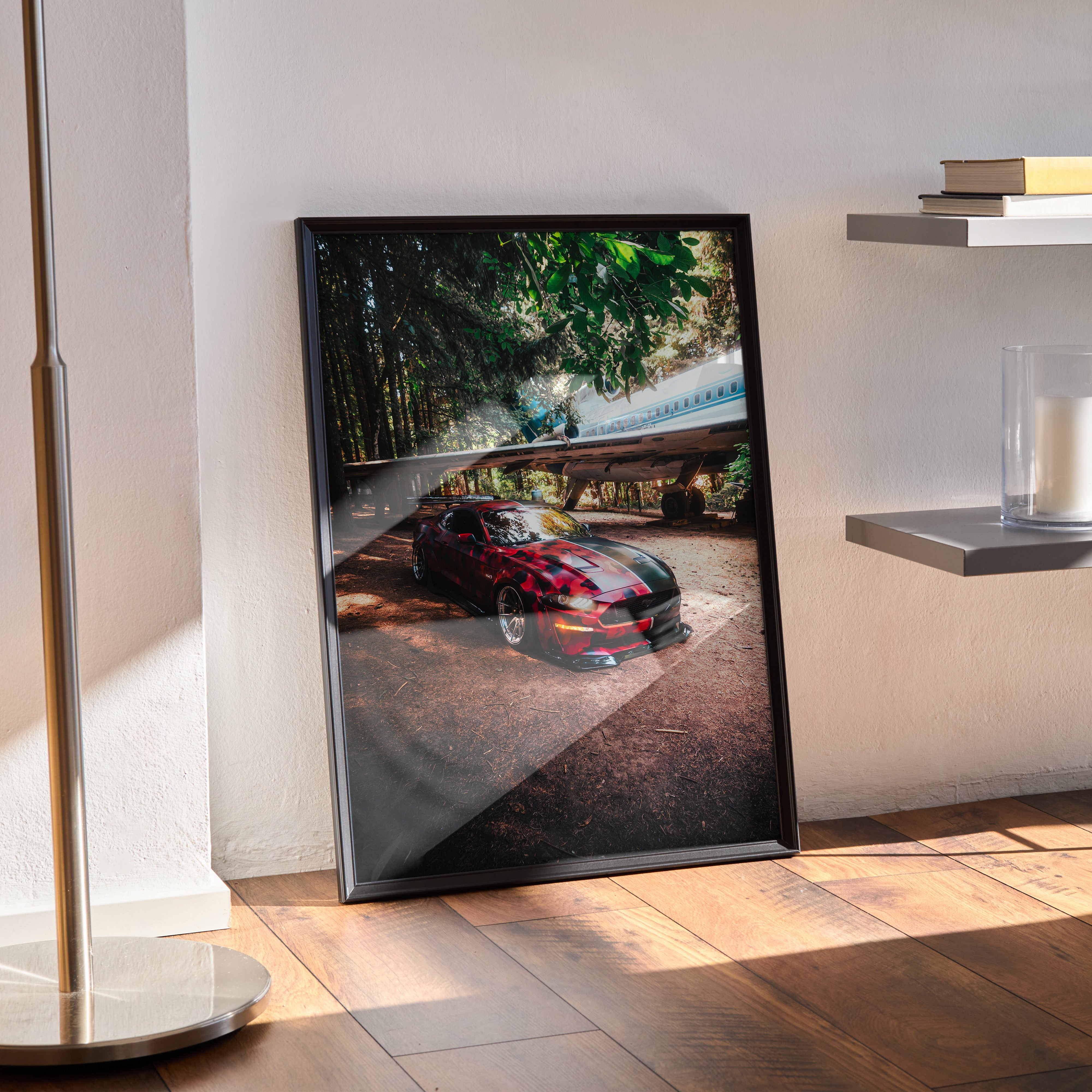 Ford Mustang S550 poster with red muscle car and scenic tree-lined road, automotive wall art.