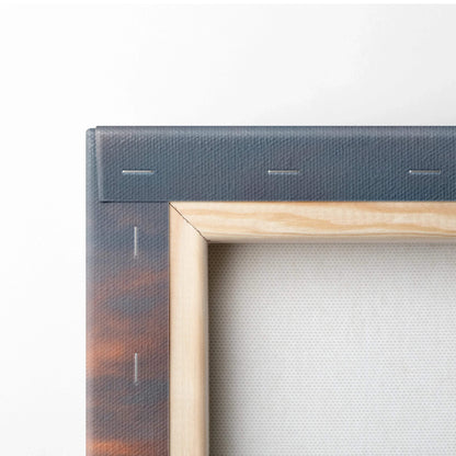 Close-up of wooden frame and textured canvas backing for vertical wall art canvas print.