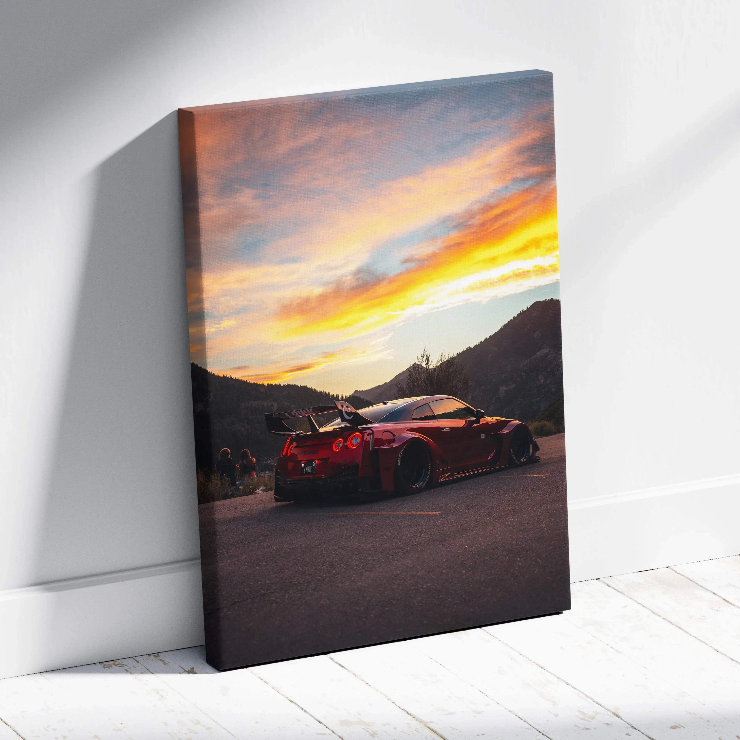 Nissan R35 GTR parked on road at sunset with mountains backdrop vertical canvas wall art.