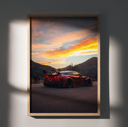 Nissan GTR R35 widebody poster with sunset mountain backdrop, framed wall art.