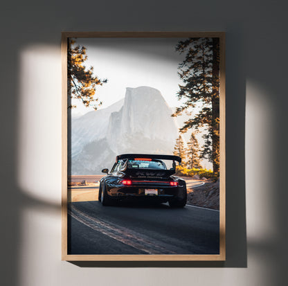 RWB Porsche 911 driving on mountain road automotive poster wall art in wooden frame.
