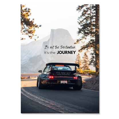 Poster wall art featuring a black RWB Porsche 911 driving on a mountain road with inspiring text overlay.