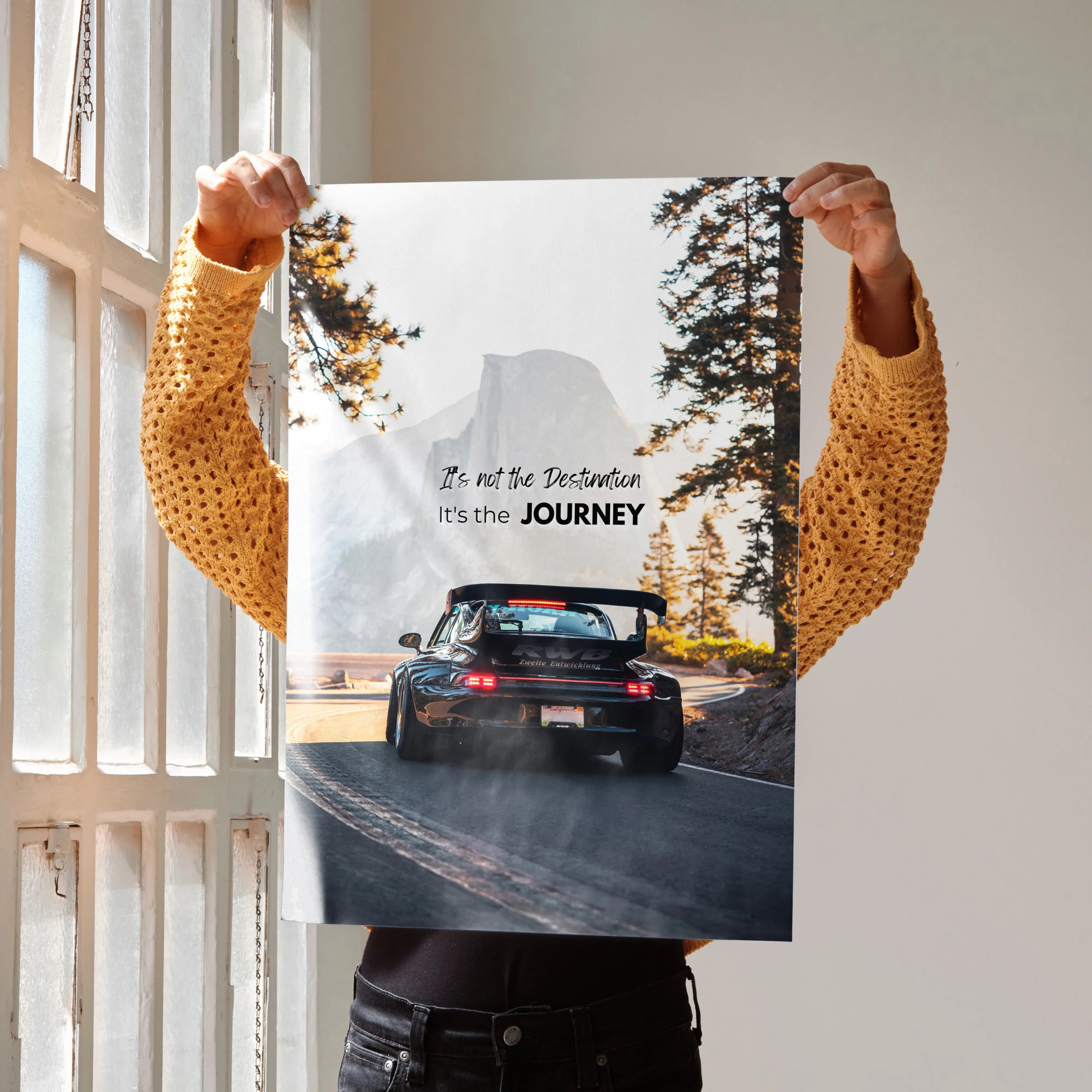 Motivational poster featuring rear view of RWB Porsche 911 on scenic road with inspiring text wall art.