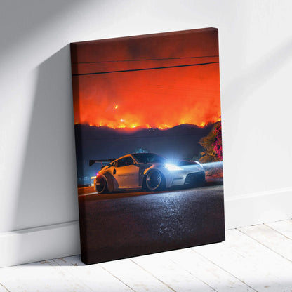 Nissan 370z car canvas art with glowing headlights at night and fiery orange sky wall art.