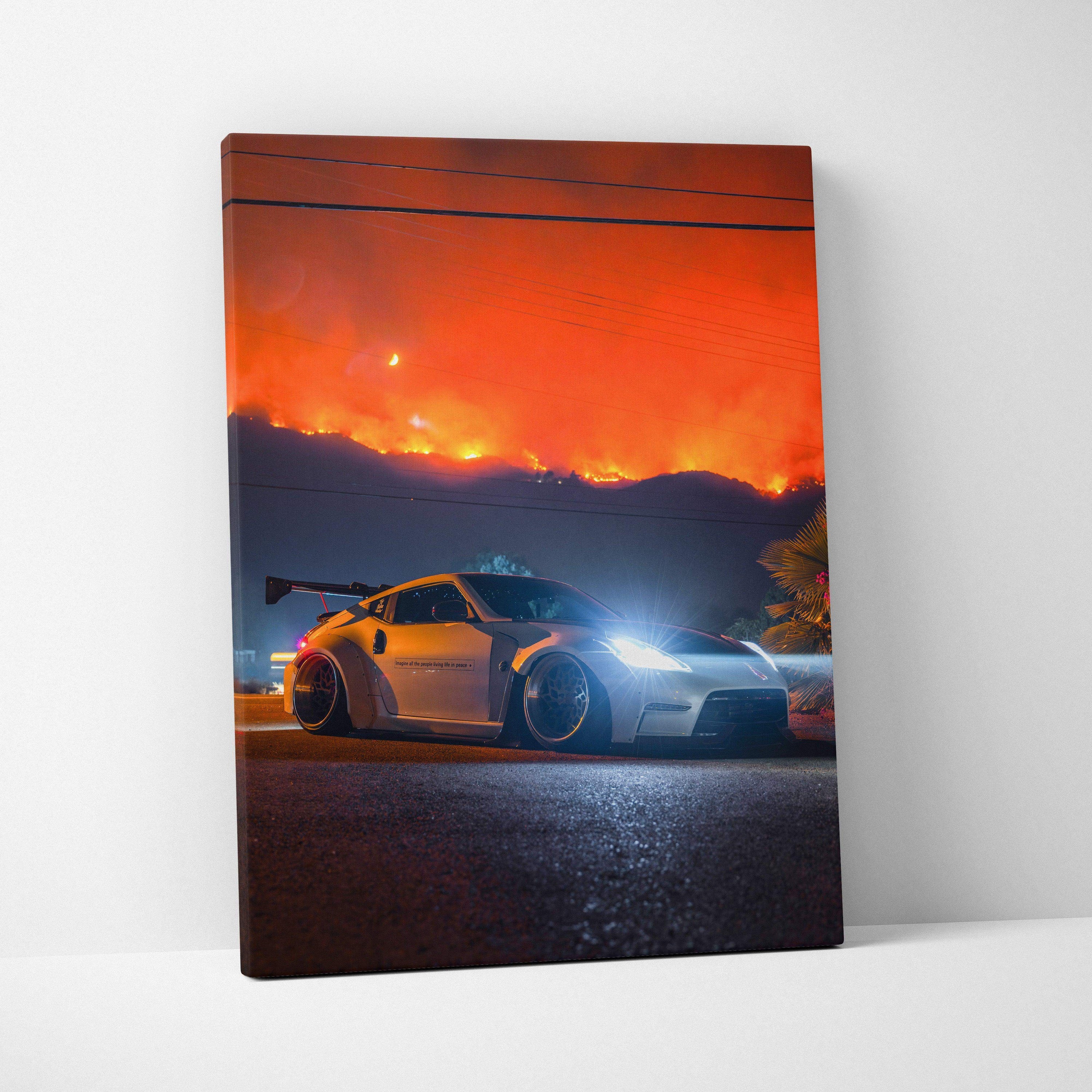 Nissan 370z car surrounded by fiery sunset, high resolution canvas wall art print.