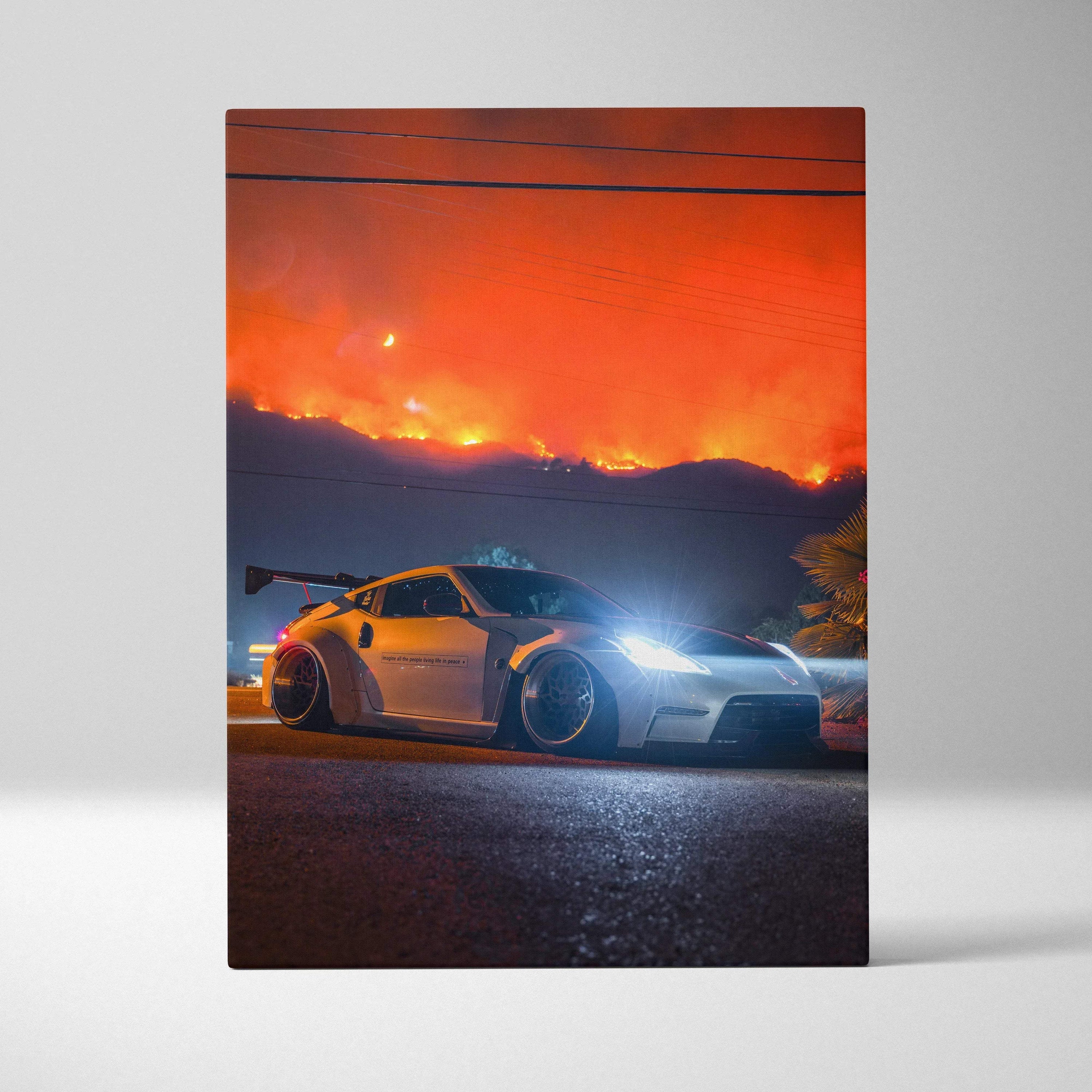 Nissan 370z car canvas art with glowing orange sky background wall art on vertical canvas.