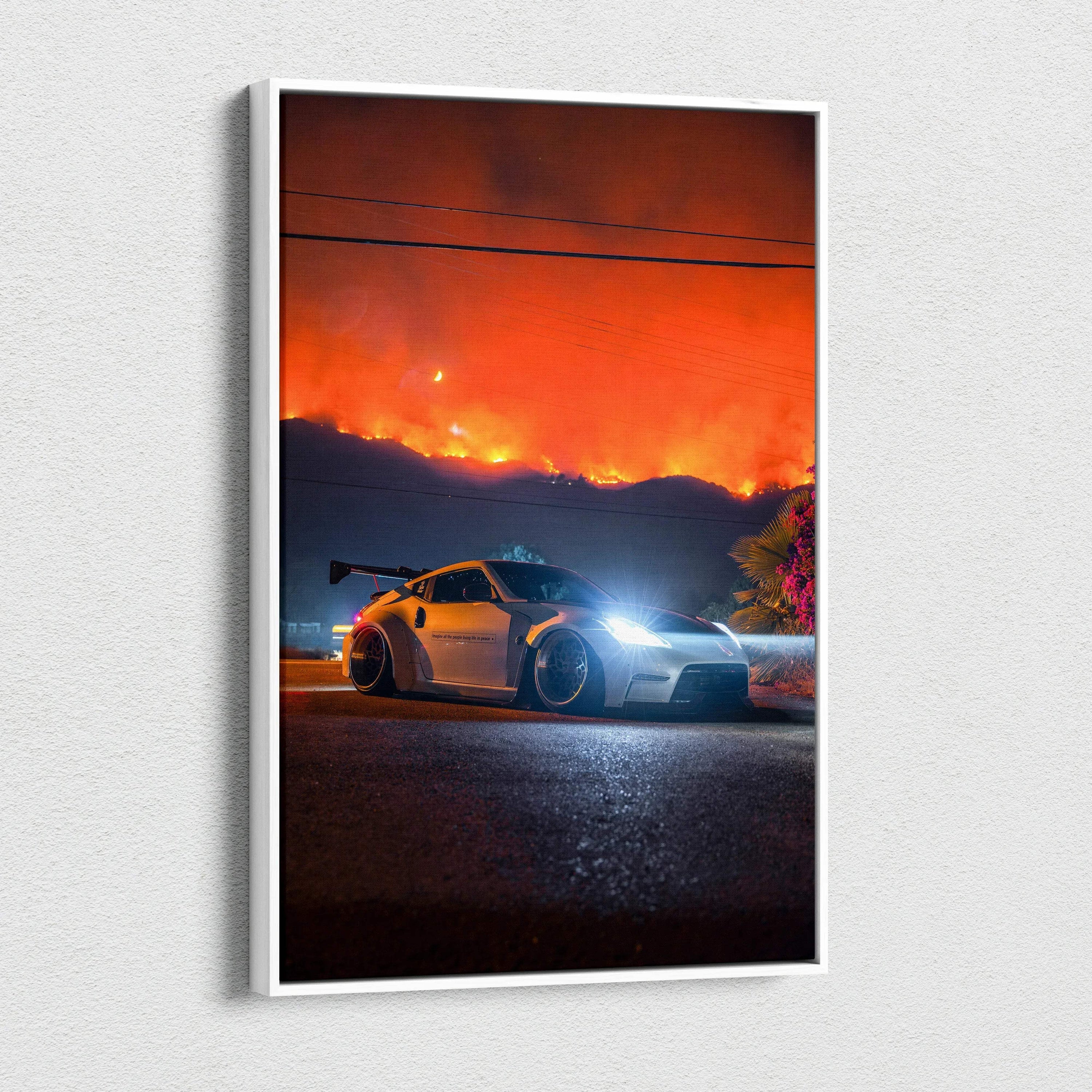 Nissan 370z canvas wall art featuring vibrant night scene with glowing sky and sleek car silhouette.