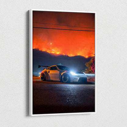 Nissan 370z canvas wall art featuring vibrant night scene with glowing sky and sleek car silhouette.