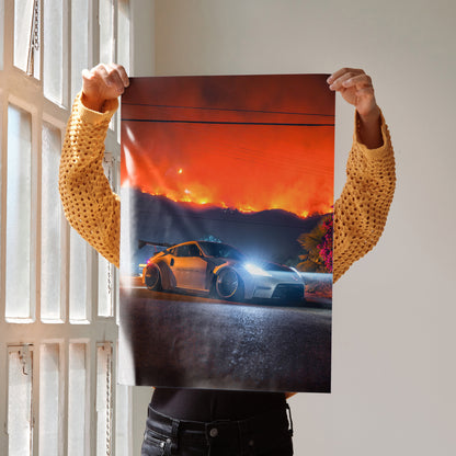 Nissan 370z poster wall art with dramatic fiery sunset and sleek sports car design.