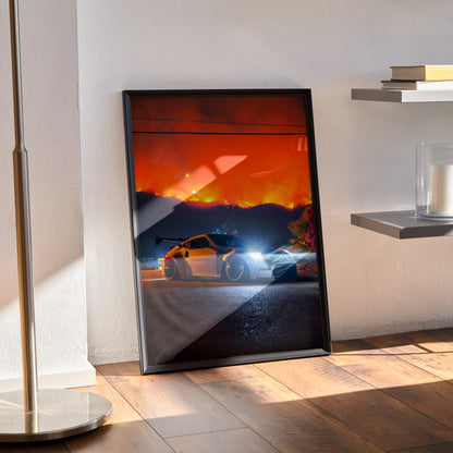 Nissan 370z JDM car poster with vibrant sunset and mountain background wall art in black frame.