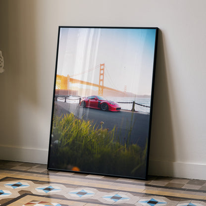 Nissan 370z JDM car poster with sunset and Golden Gate Bridge wall art in black frame.