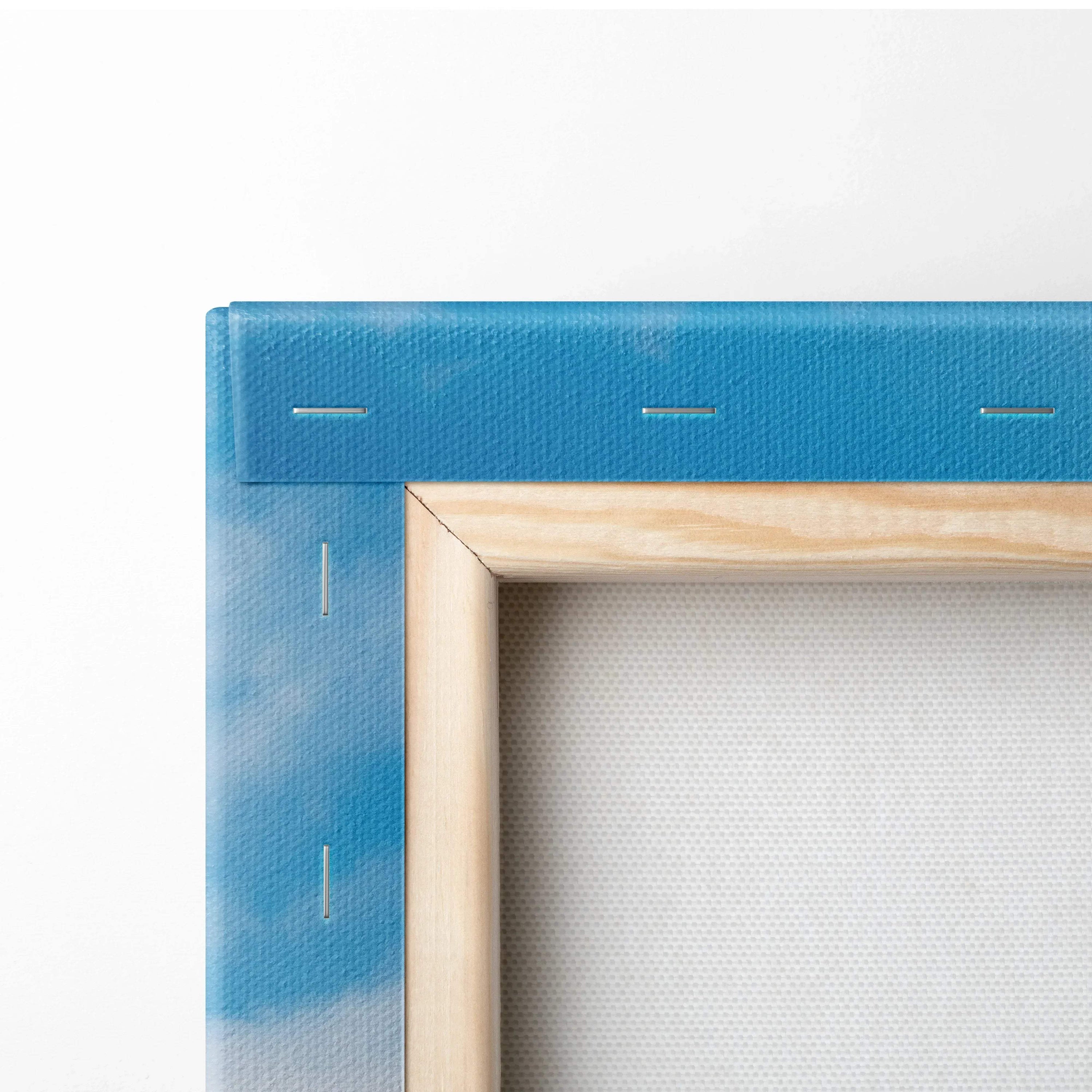 Close-up of blue sky canvas stretched over wooden frame, museum-quality canvas art wall print.