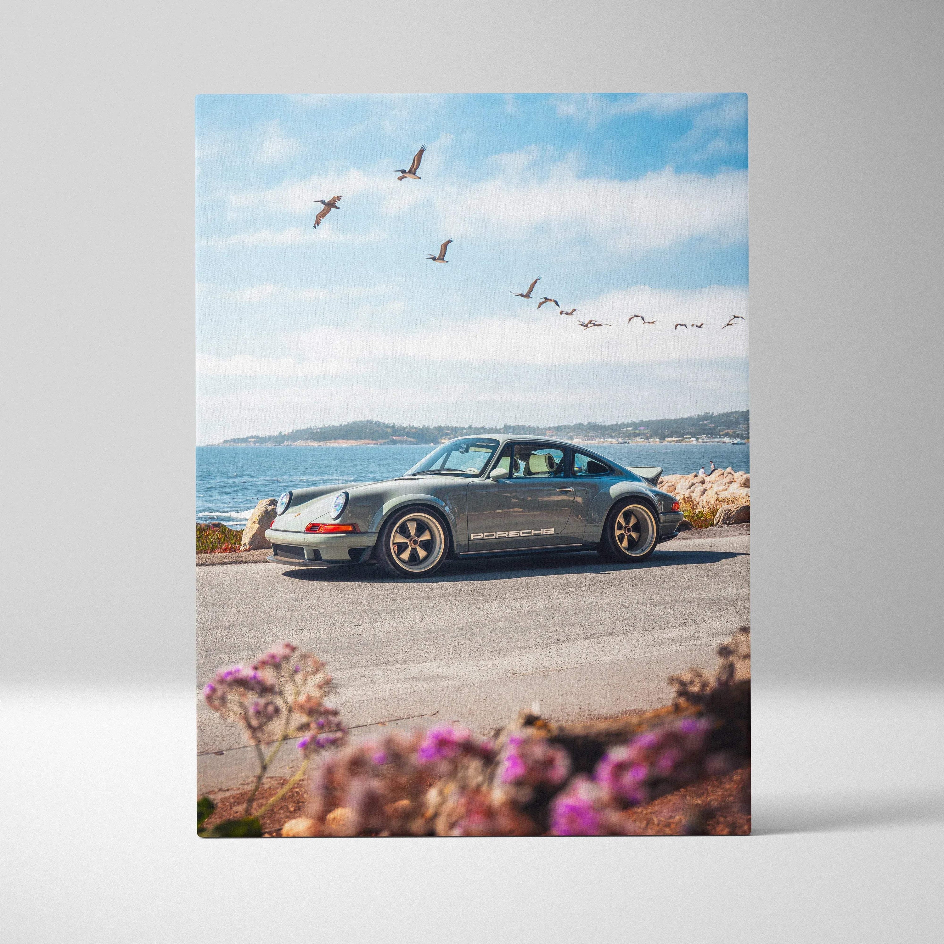 Porsche 911 classic car canvas art with coastal road and flying birds wall art print.