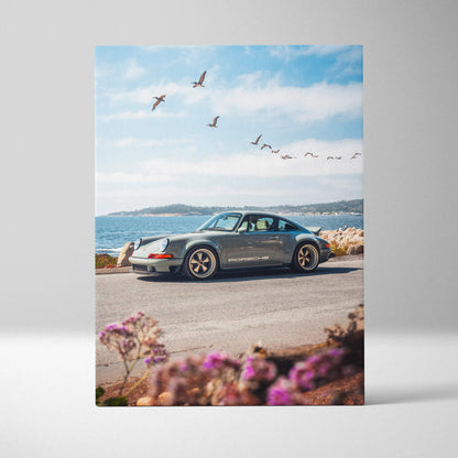 Porsche 911 classic car canvas art with coastal road and flying birds wall art print.