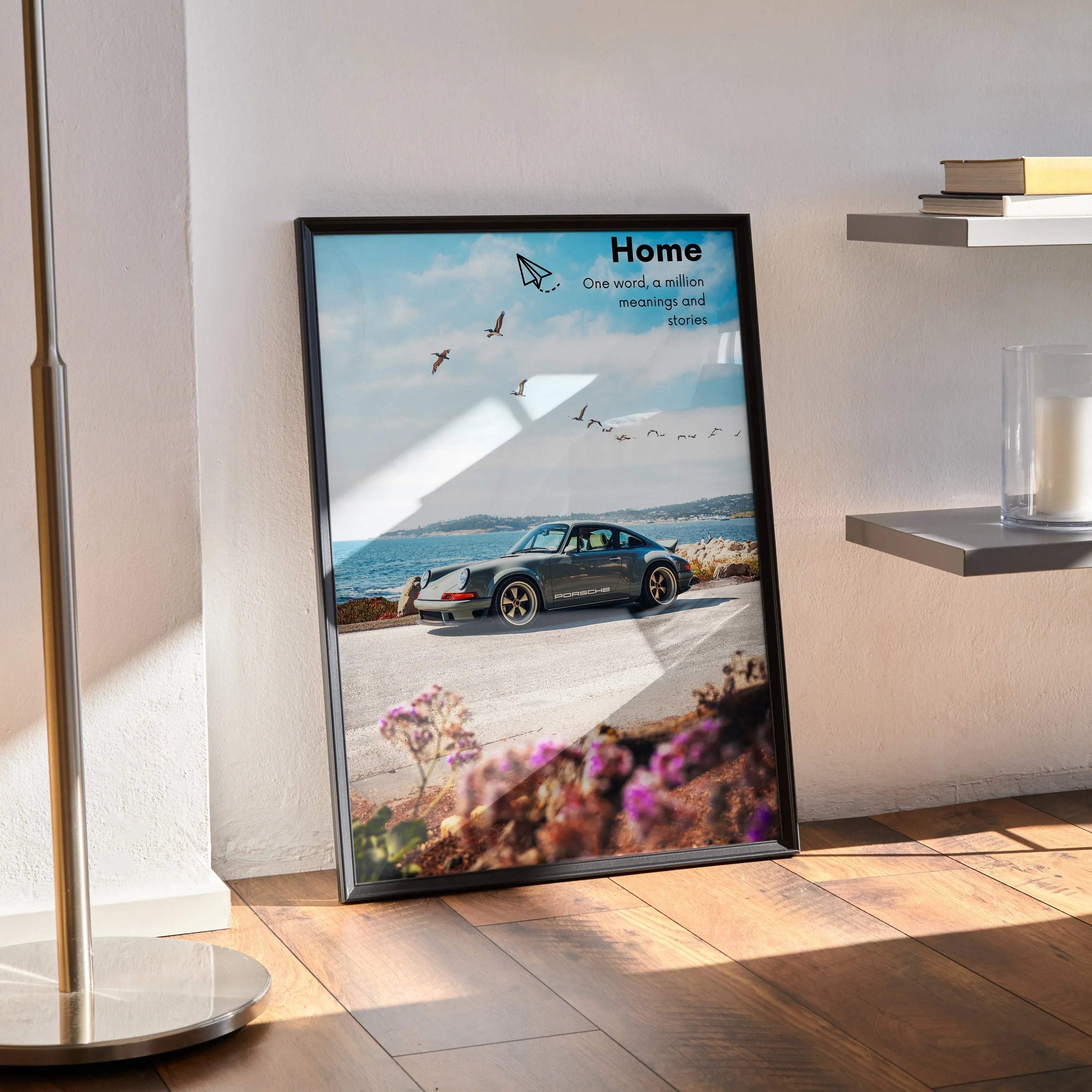 Motivational poster wall art featuring a Porsche 911 classic on a scenic coastal road with inspiring text.