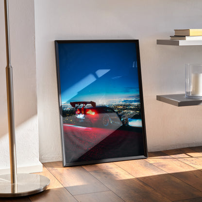 Toyota Supra Mk5 JDM car Poster wall art with city lights reflection in black frame.