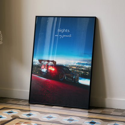 Toyota Supra Mk5 poster with night cityscape and inspiring text, modern wall art.