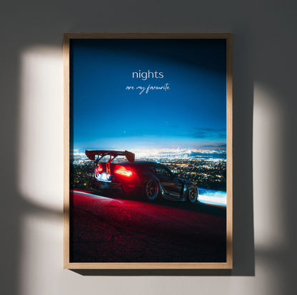 Toyota Supra Mk5 poster with nighttime cityscape and inspiring text wall art in wooden frame.